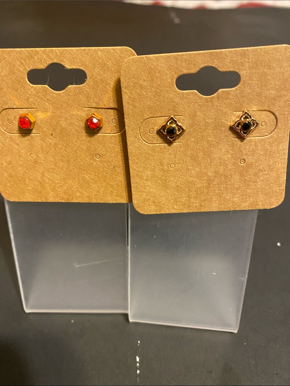 Gold Tone Stud Earrings Set with Red and Black Stones